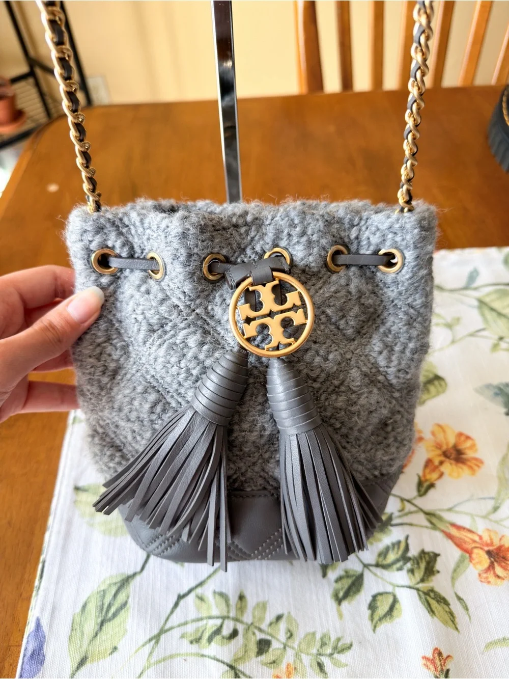 Tory Burch Fleming Soft Bouclé Mini Bucket Bag Carbon EUC